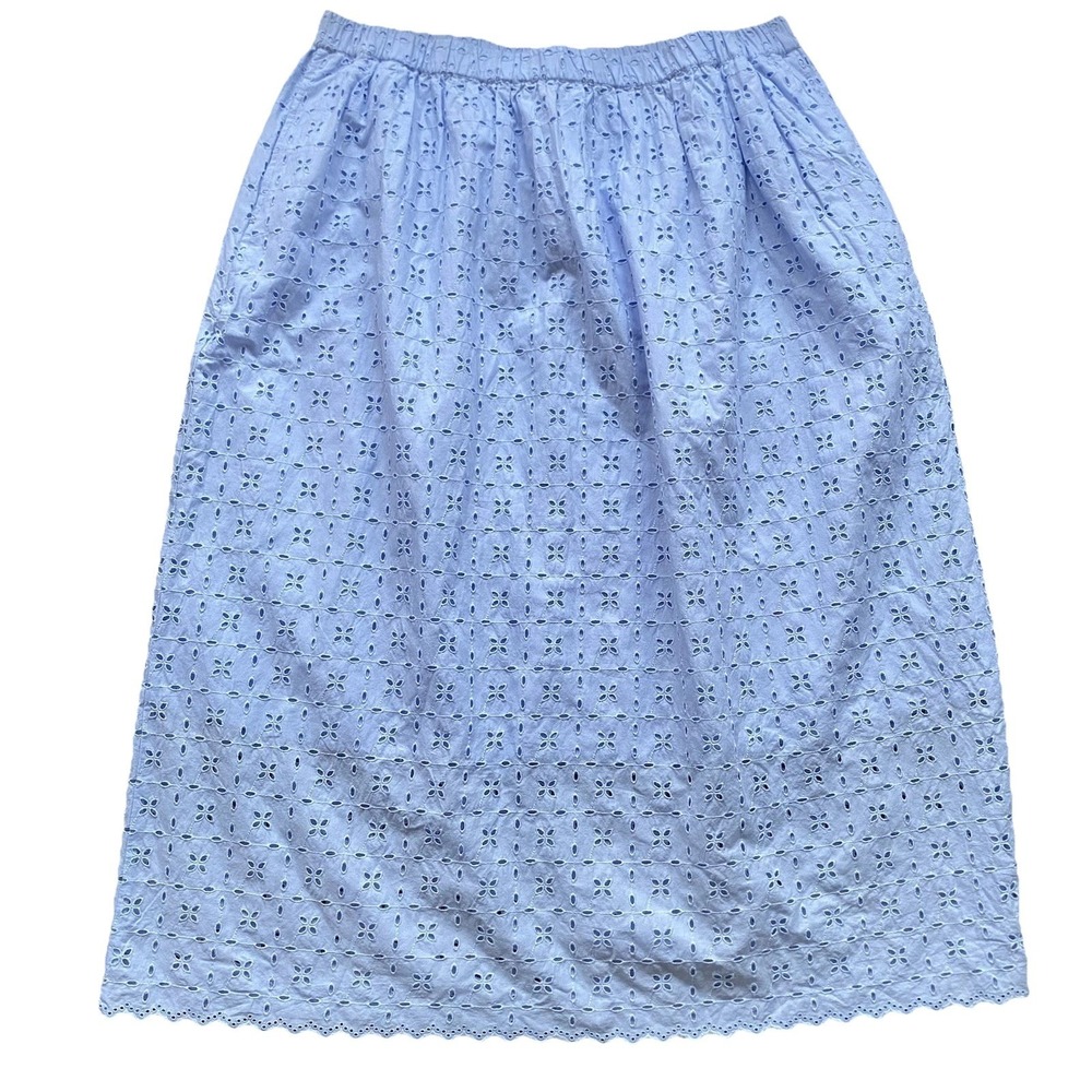 Midi A Line Eyelet Skirt 2XL Blue Cotton Pull On Summer Coastal Cottagecore